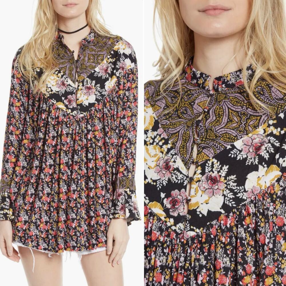 Free People Wildflower Fields Tunic/Mini Dress Long Sleeve Floral Black/Red XS